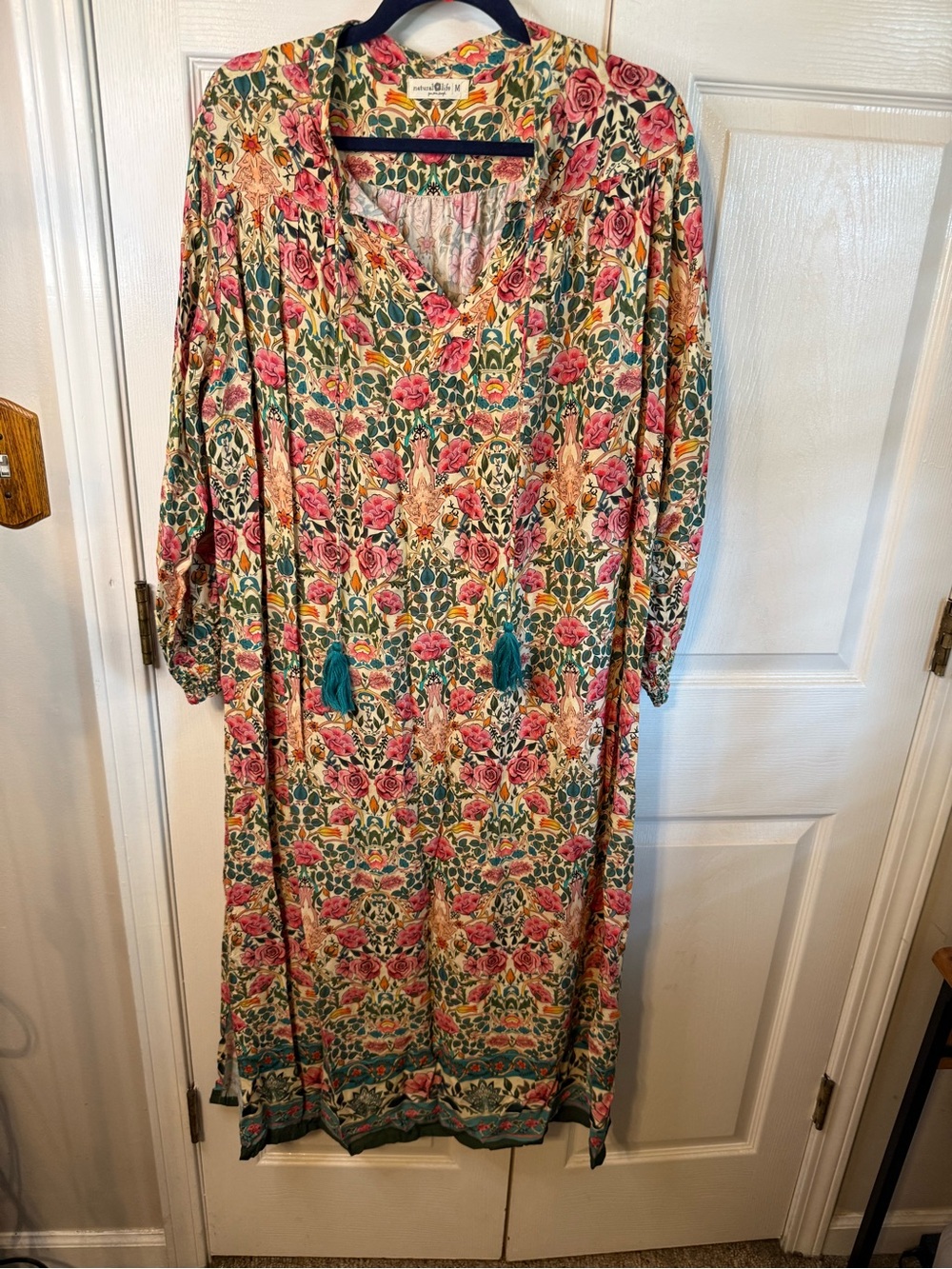 NATURAL LIFE Floral Maxi Dress with Tassel Ties - Pink, Green & Cream